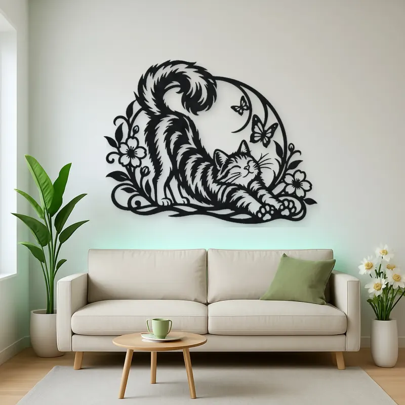 Cat Stretch Flow Metal Wall Art | Pet Lover Silhouette Decor