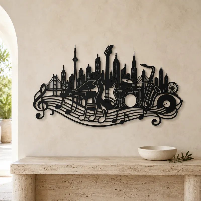 Musical City Skyline Metal Wall Art | Travel and City Wall Decor - lifestyle view 3