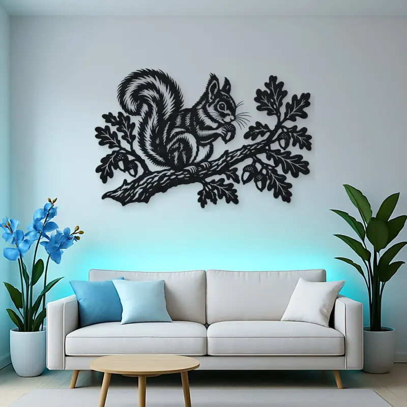 Squirrel Oak Branch Metal Wall Art | Wildlife Silhouette Decor