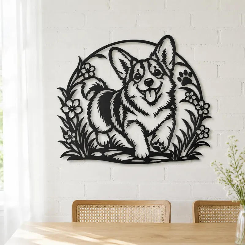Corgi Happy Curve Metal Wall Art | Pet Lover Silhouette Decor - lifestyle view 4