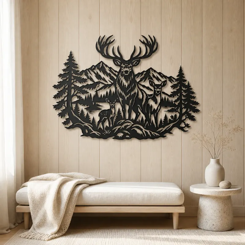 Stag Mountain Crest Metal Wall Art | Nature Silhouette Decor - lifestyle view 5