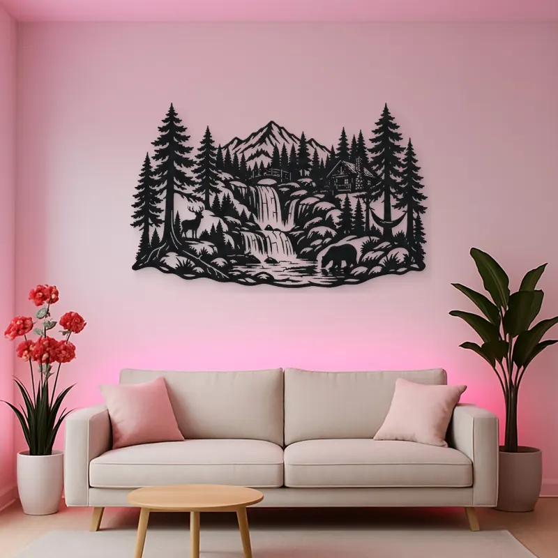 Forest Waterfall Metal Wall Art | Nature Silhouette Decor