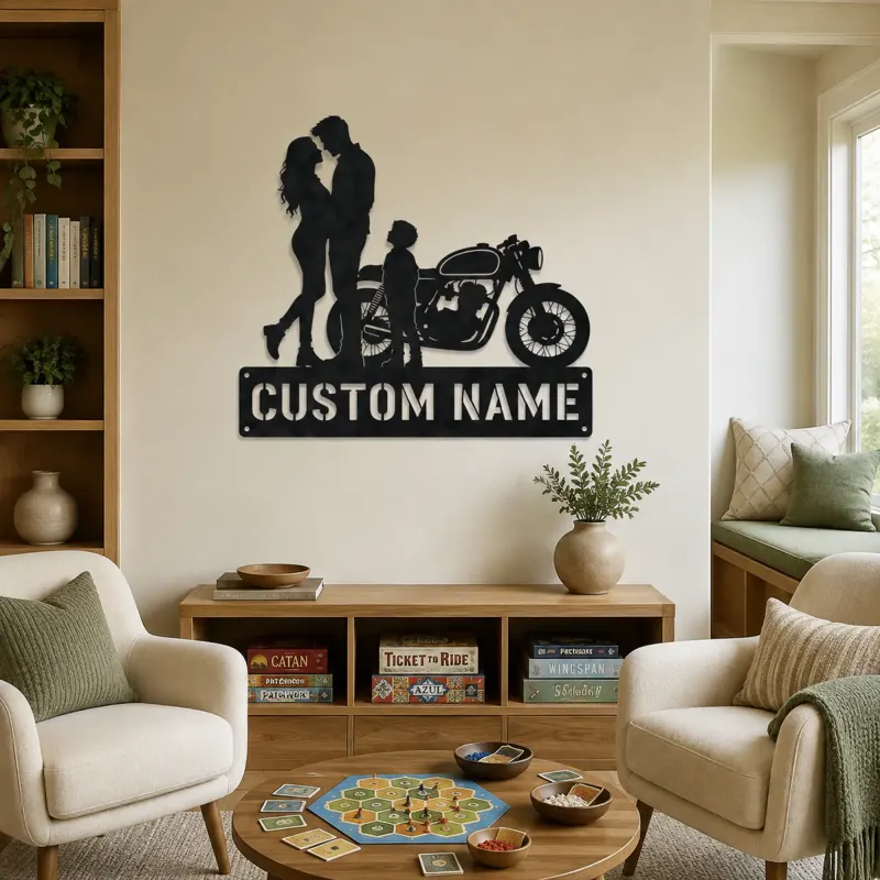 Personalized Cafe Racer Family of Three Metal Wall Art - lifestyle view 4