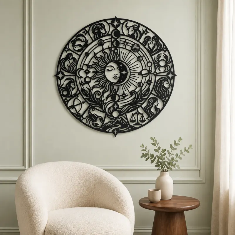 Zodiac Wheel Flow Metal Wall Art | Celestial Boho Wall Decor - lifestyle view 2