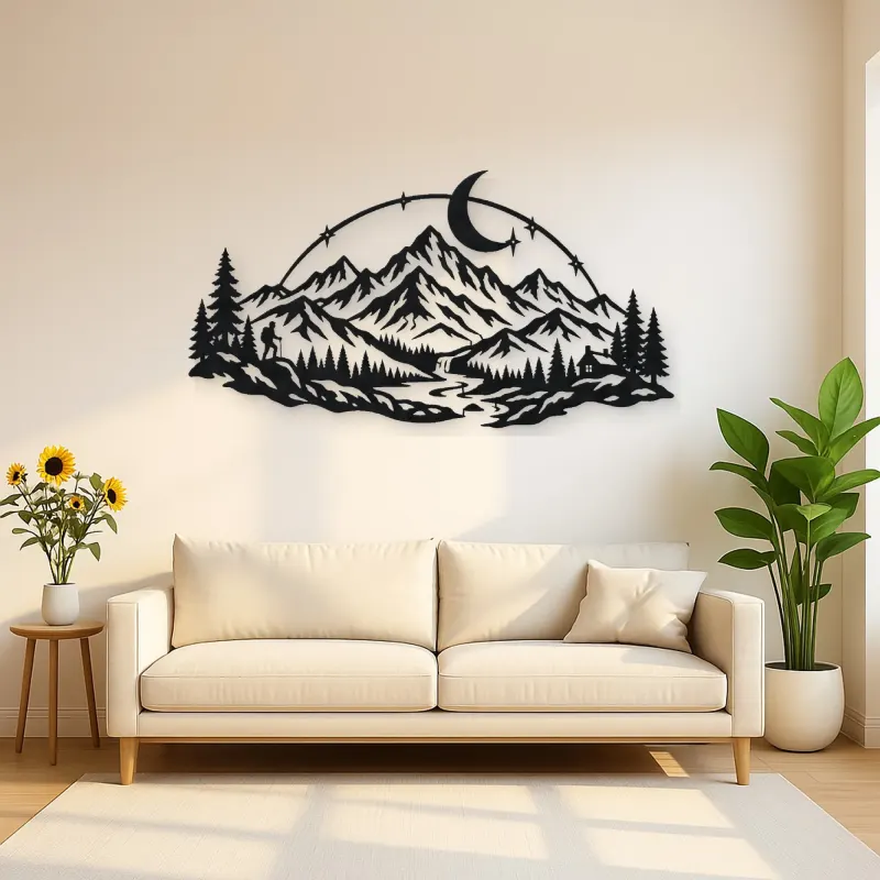 Moonlit Mountain Arc Metal Wall Art | Nature Silhouette Decor