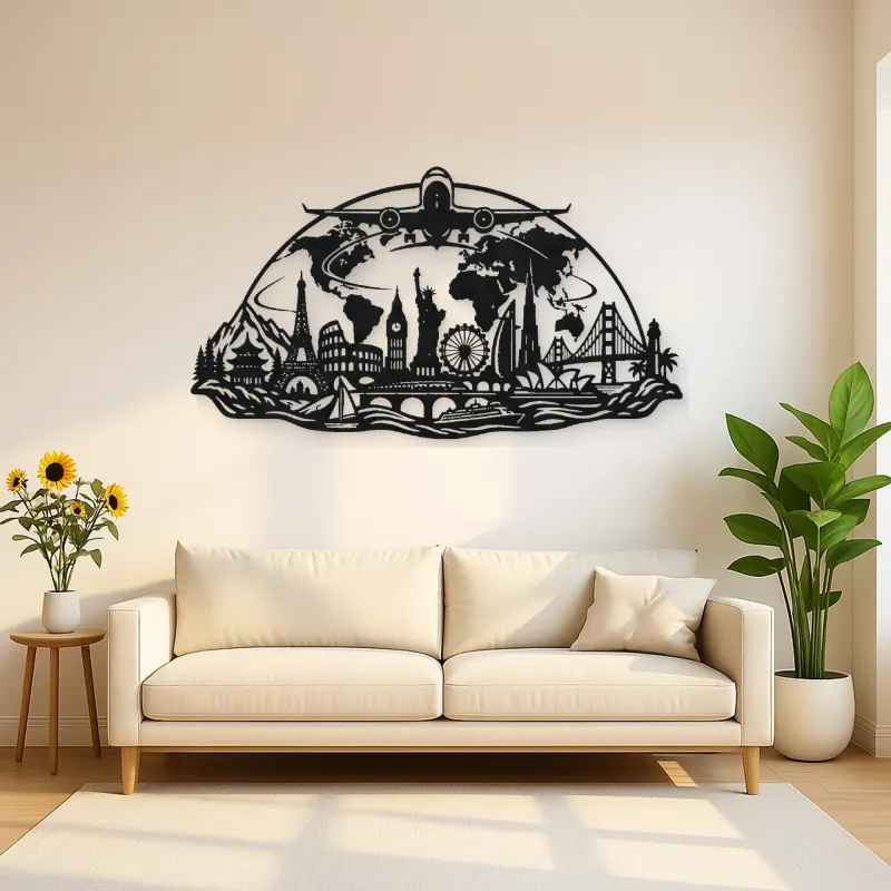 Airplane World Arc Metal Wall Art | Travel and City Wall Decor