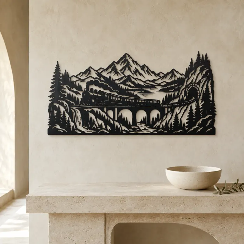 Train through Mountains Metal Wall Art | Travel and City Wall Decor - lifestyle view 3
