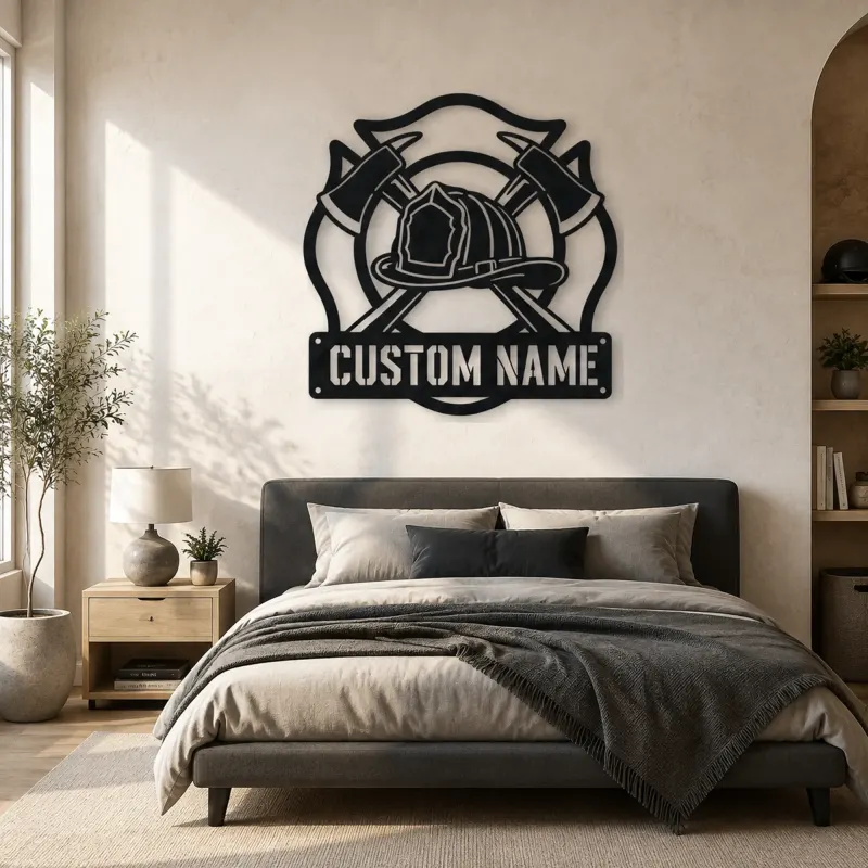 Personalized Firefighter Helmet Metal Wall Art with Crossed Axes - lifestyle view 3