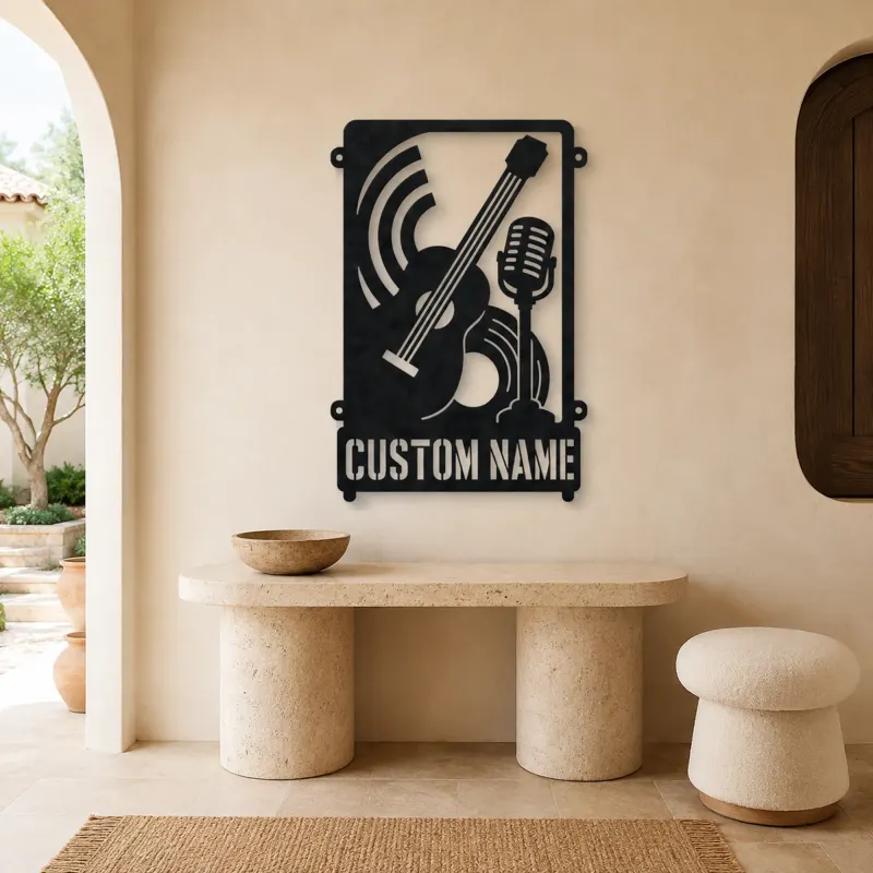 Personalized Double Bass Music Metal Wall Art with Vintage Microphone - lifestyle view 3
