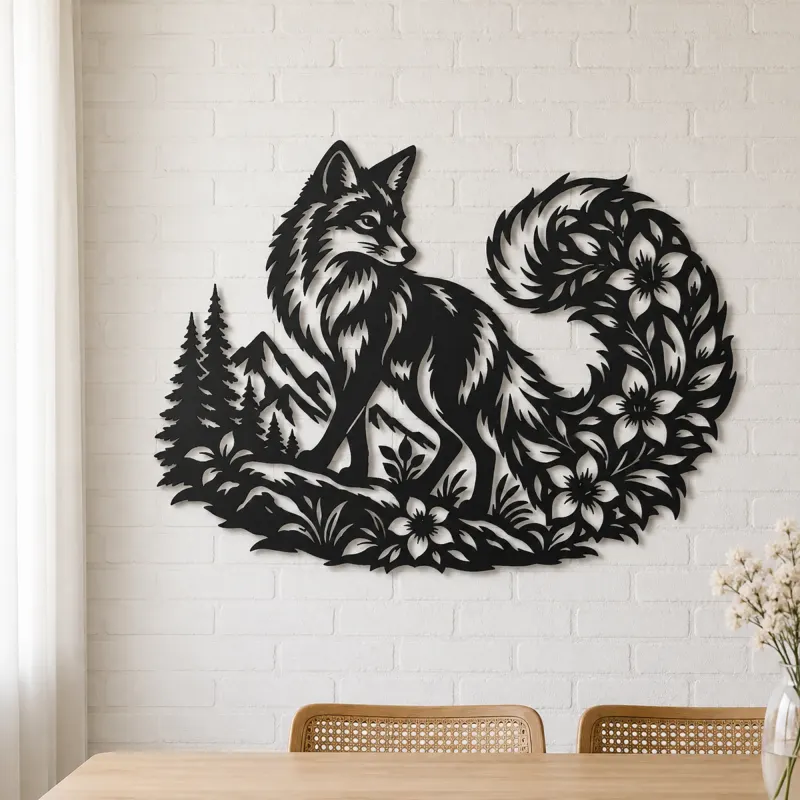 Fox Floral Tail Metal Wall Art | Wildlife Silhouette Decor - lifestyle view 4