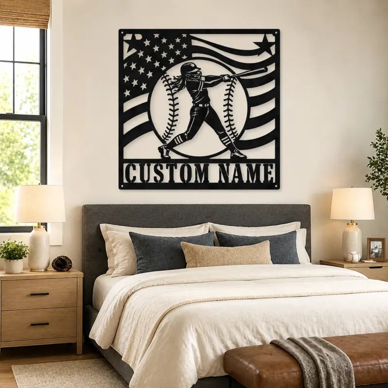Personalized Female Softball Batter Waving Flag Metal Wall Art - lifestyle view 2