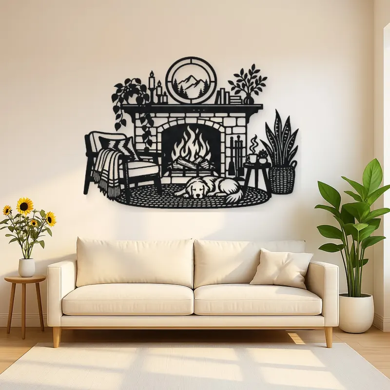 Modern Fireplace Scene Metal Wall Art | Cozy Home Metal Decor