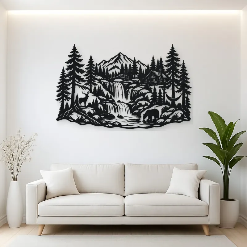 Forest Waterfall Metal Wall Art | Nature Silhouette Decor