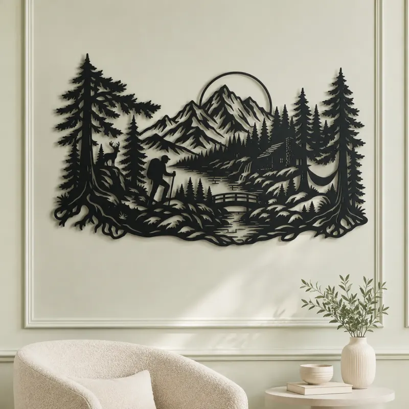 Hiker in the Woods Metal Wall Art | Nature Silhouette Decor - lifestyle view 2