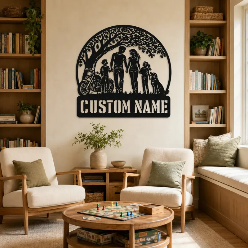 Personalized Family of Four Dog and Motorcycle Metal Wall Art - lifestyle view 4