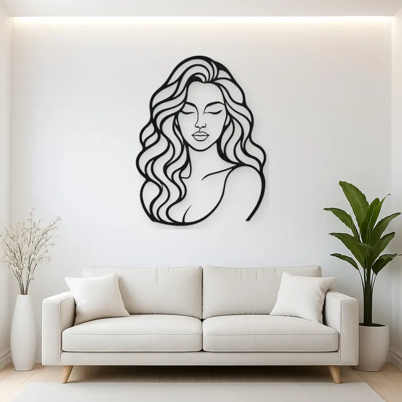 Wavy Hair Beauty Metal Wall Art | Minimalist Woman Line Art