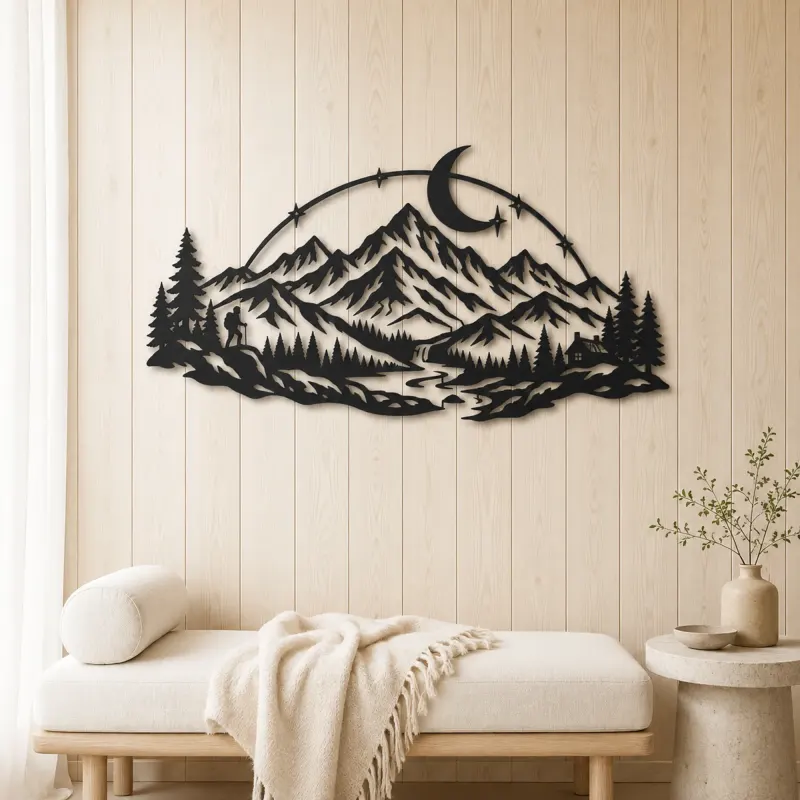 Moonlit Mountain Arc Metal Wall Art | Nature Silhouette Decor - lifestyle view 5