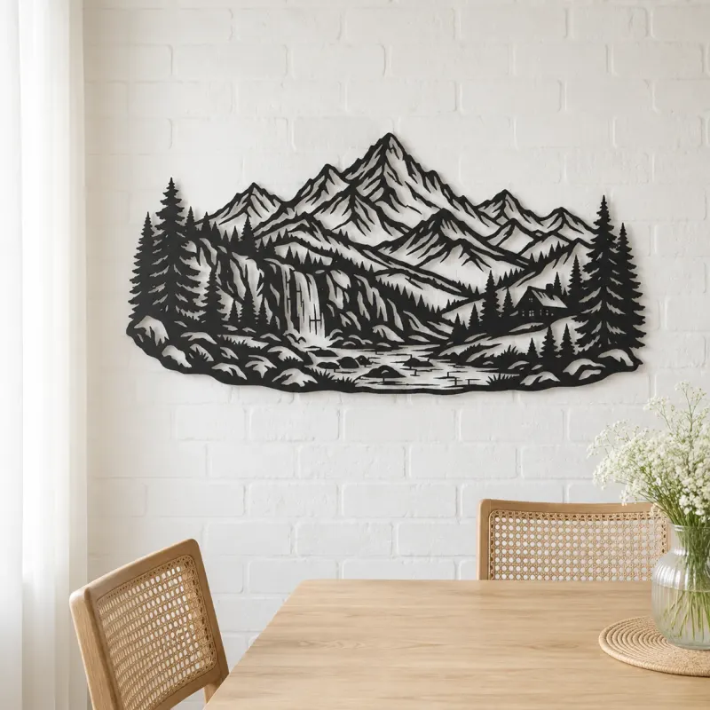 Waterfall Mountain Valley Metal Wall Art | Nature Silhouette Decor - lifestyle view 4