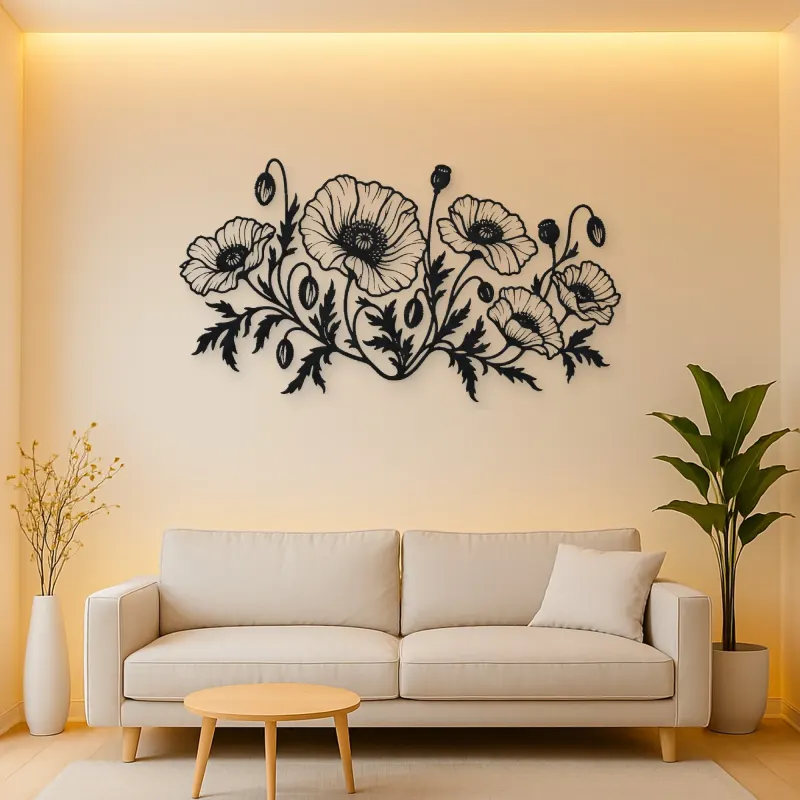 Poppy Field Line Metal Wall Art | Botanical Metal Wall Decor