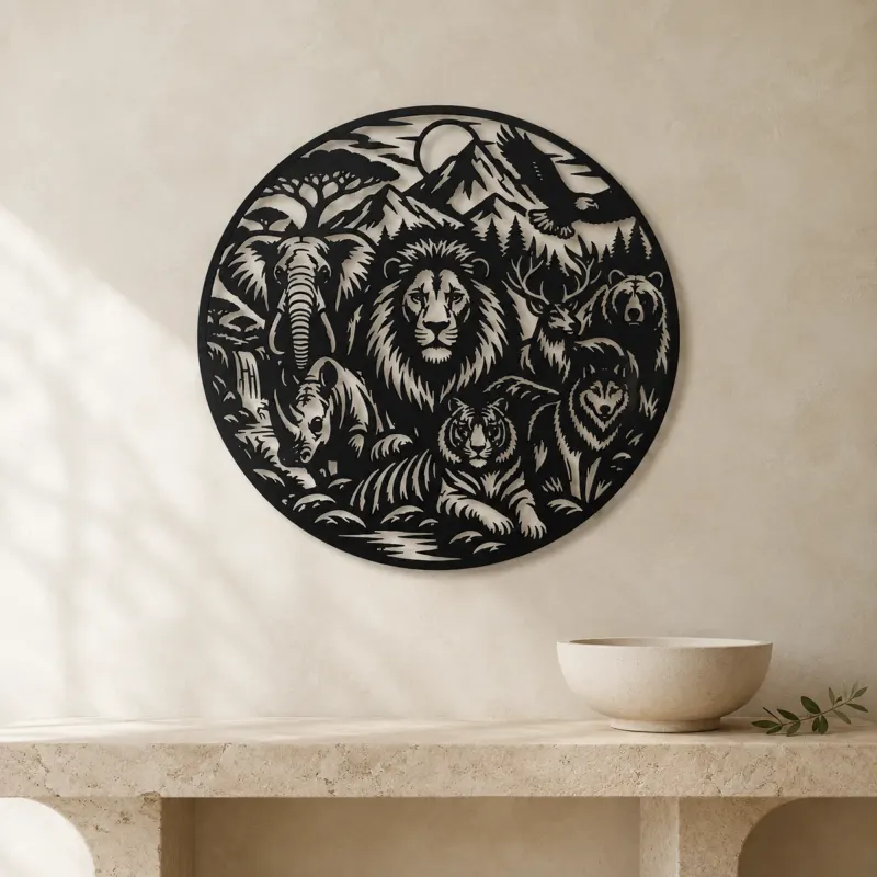 Wildlife World Circle Metal Wall Art | Wildlife Silhouette Decor - lifestyle view 3