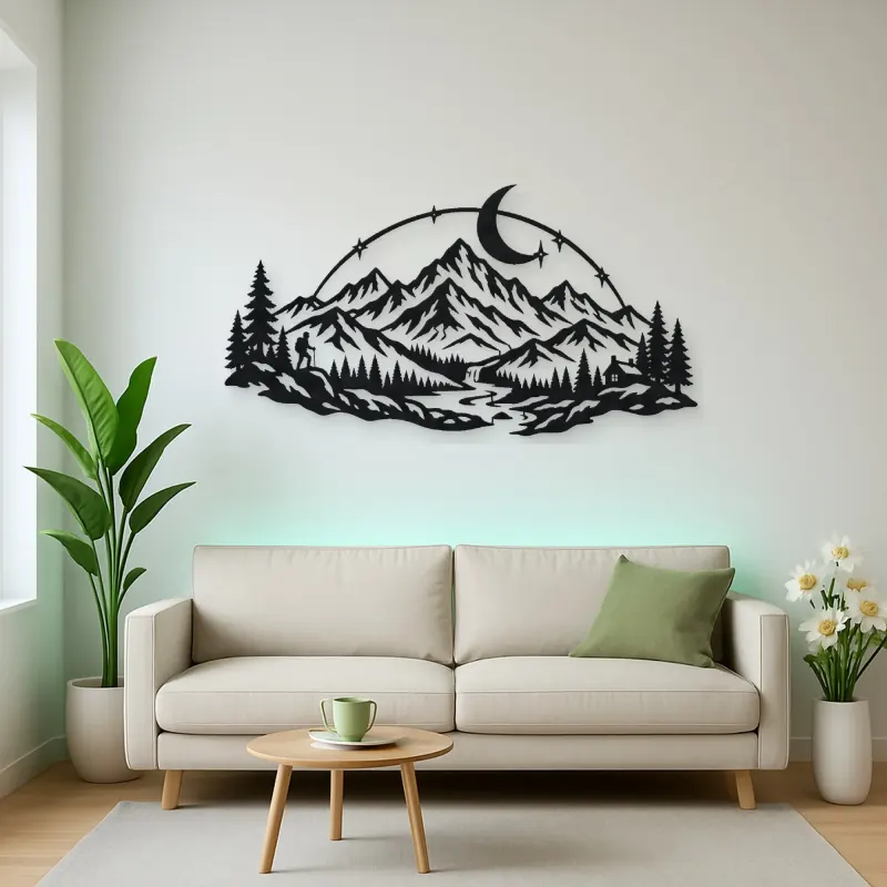 Moonlit Mountain Arc Metal Wall Art | Nature Silhouette Decor