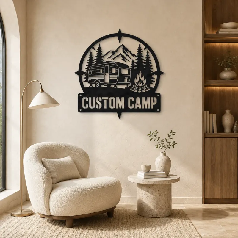 Personalized Travel Trailer Metal Wall Art with Campfire Scene - lifestyle view 5