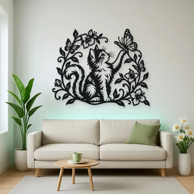 Cat and Butterfly Vine Metal Wall Art | Pet Lover Silhouette Decor