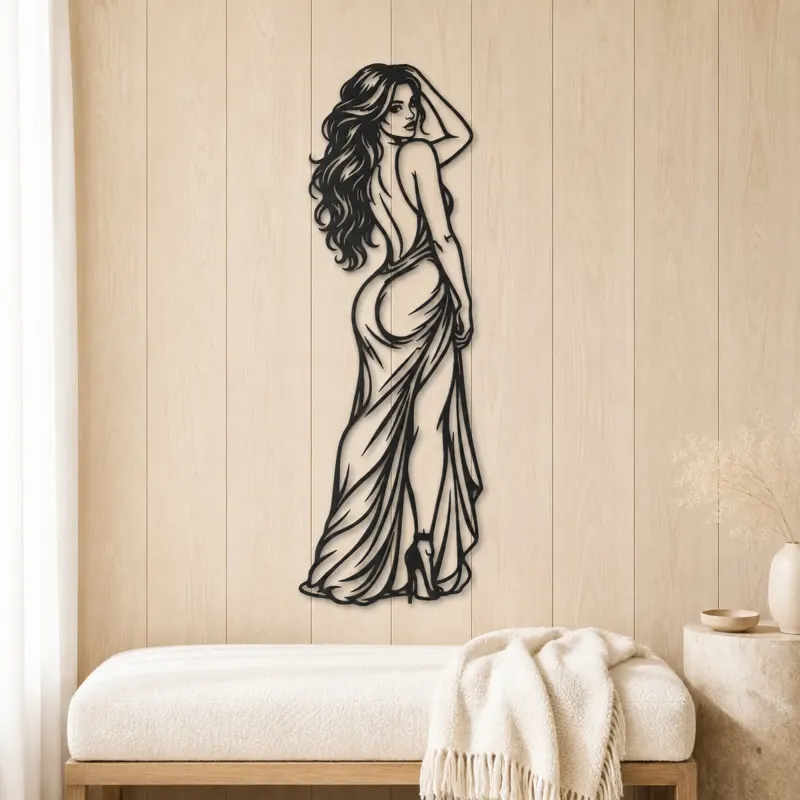 Over Shoulder Glance Metal Wall Art | Minimalist Woman Line Art - lifestyle view 5