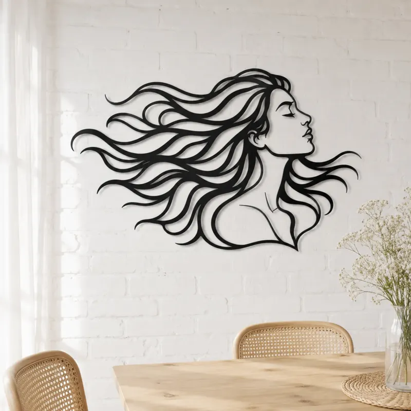 Windblown Hair Face Metal Wall Art | Minimalist Woman Line Art - lifestyle view 4