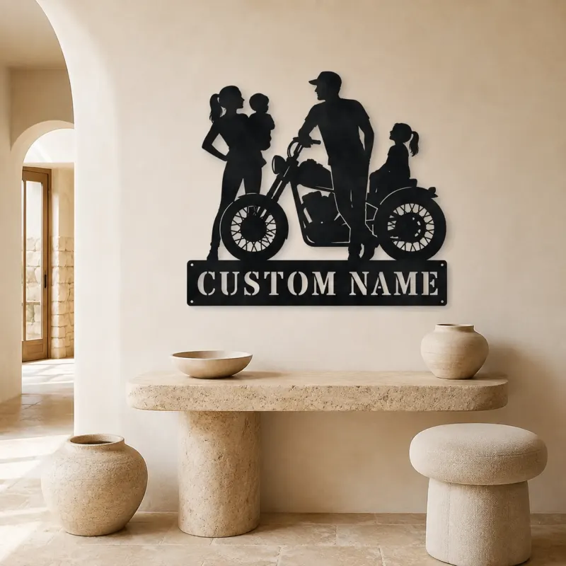 Personalized Motorcycle Family with Seated Daughter Metal Wall Art - lifestyle view 3