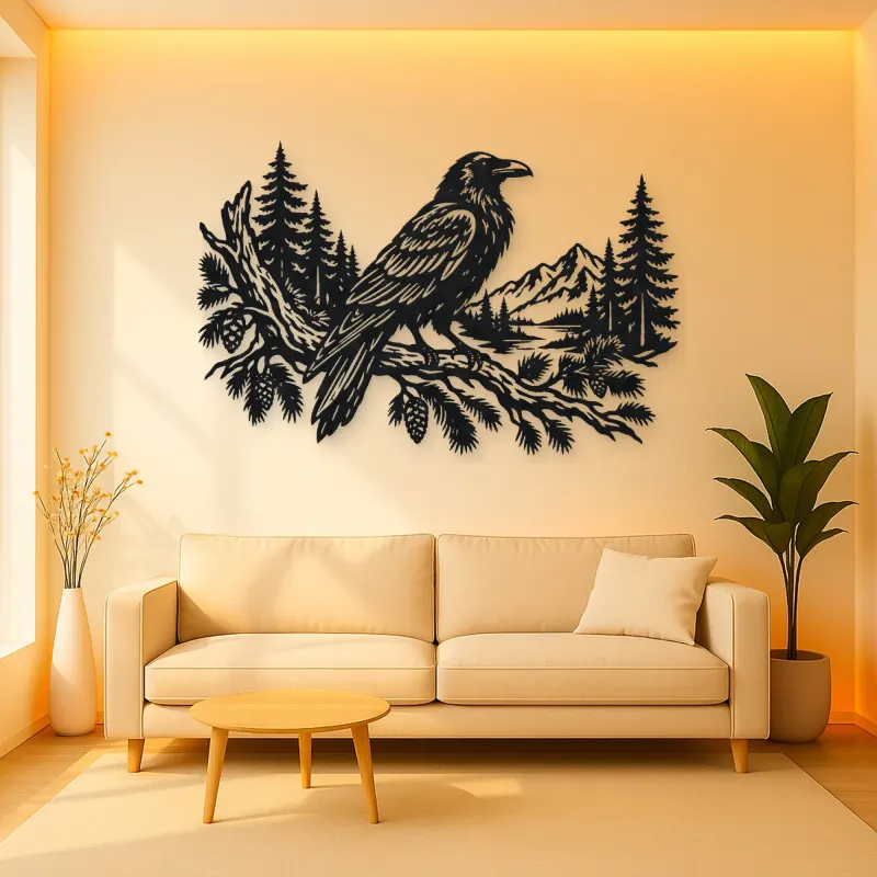 Raven Forest Branch Metal Wall Art | Wildlife Silhouette Decor