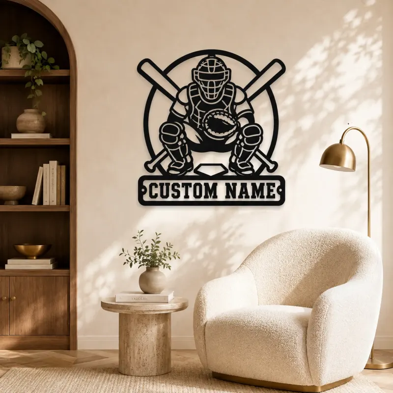 Personalized Baseball Catcher Crossed Bats Metal Wall Art - lifestyle view 5