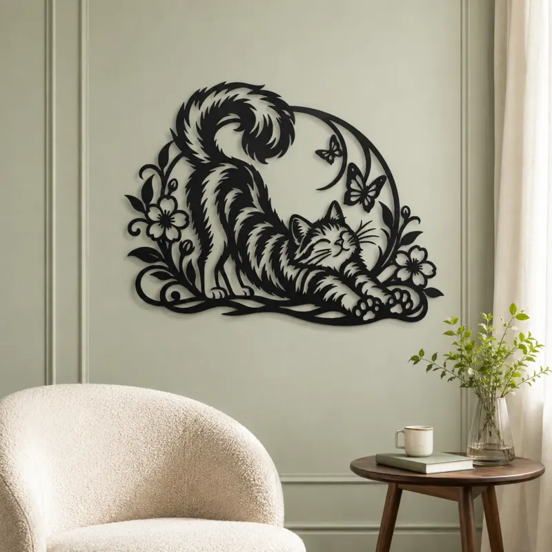 Cat Stretch Flow Metal Wall Art | Pet Lover Silhouette Decor - lifestyle view 2