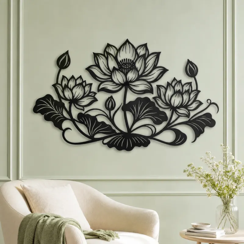 Lotus Bloom Balance Metal Wall Art | Botanical Metal Wall Decor - lifestyle view 2