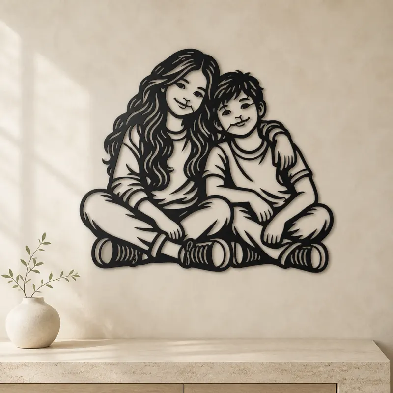 Siblings Side by Side Metal Wall Art | Family Silhouette Decor - lifestyle view 3