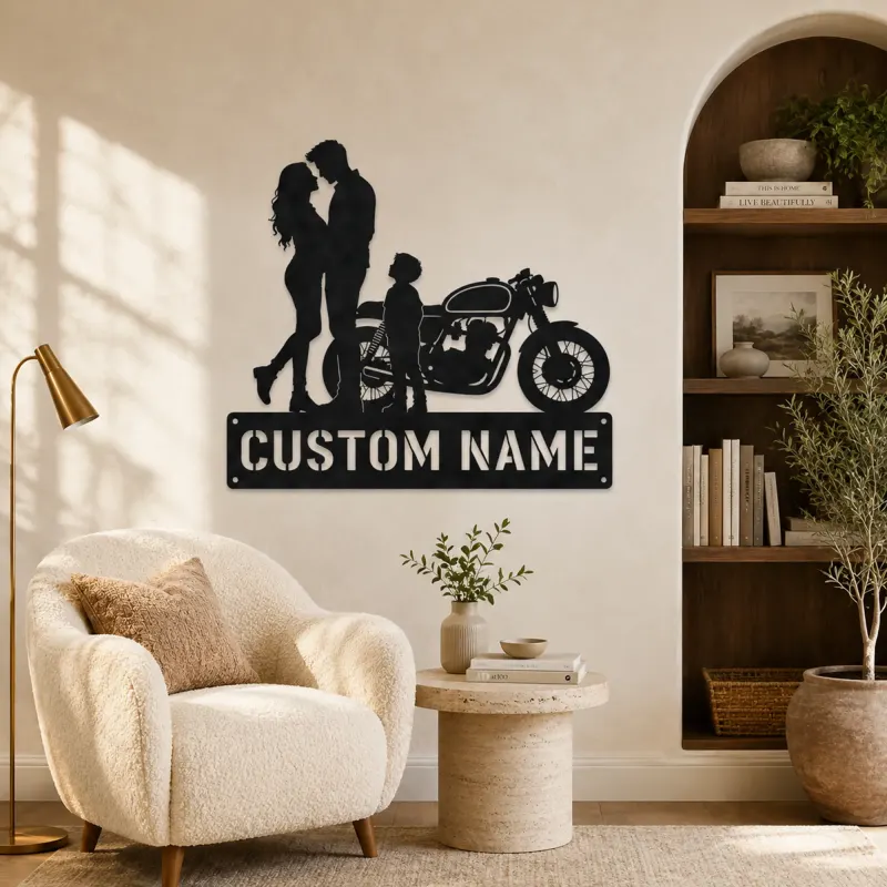 Personalized Cafe Racer Family of Three Metal Wall Art - lifestyle view 5