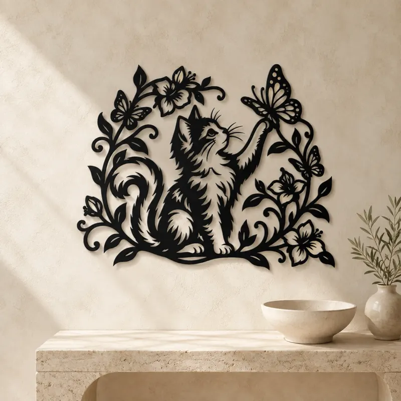 Cat and Butterfly Vine Metal Wall Art | Pet Lover Silhouette Decor - lifestyle view 3