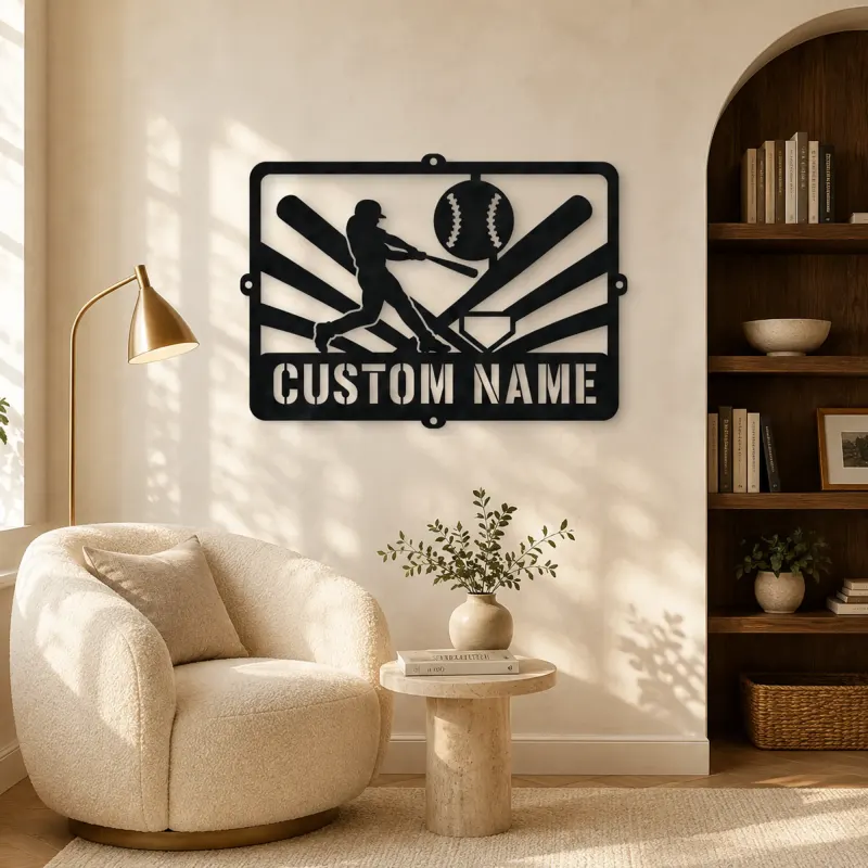Personalized Baseball Batter Metal Wall Art with Ball Diamond - lifestyle view 5