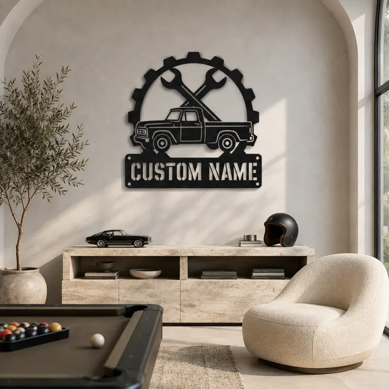 Personalized Vintage Pickup Truck Metal Wall Art with Wrench Detail - lifestyle view 4