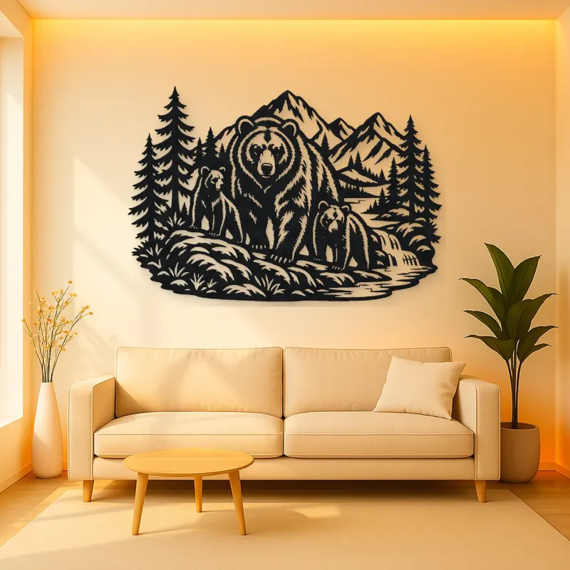 Bear Mountain Scene Metal Wall Art | Wildlife Silhouette Decor