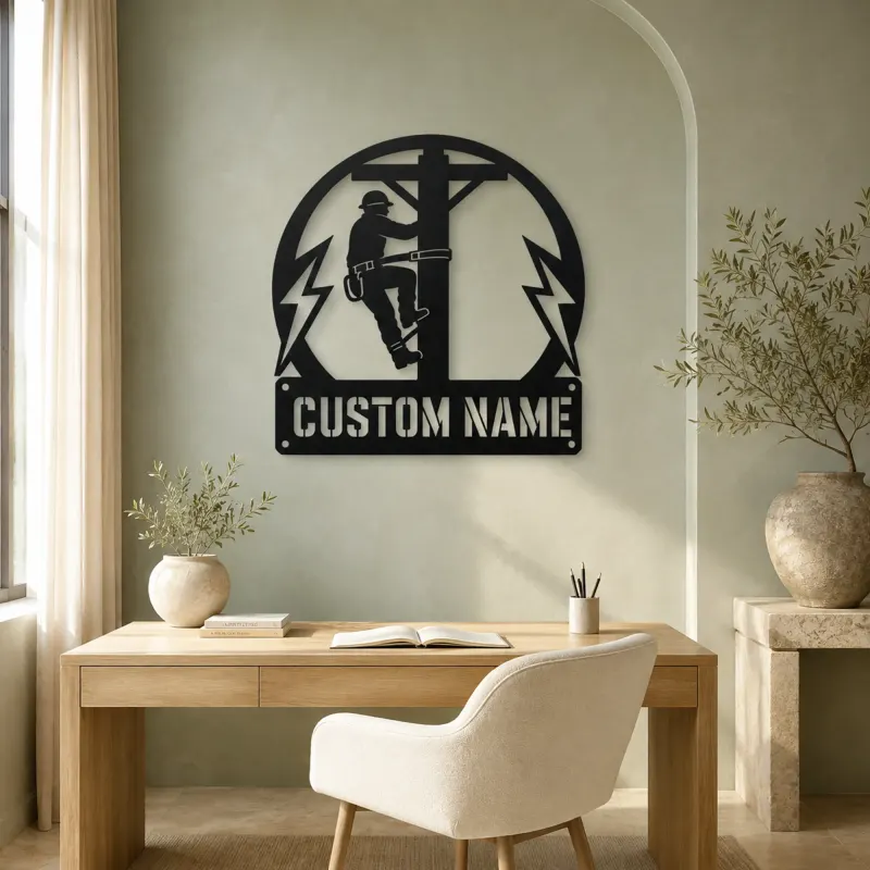 Personalized Electrical Lineman Metal Wall Art with Utility Pole - lifestyle view 4