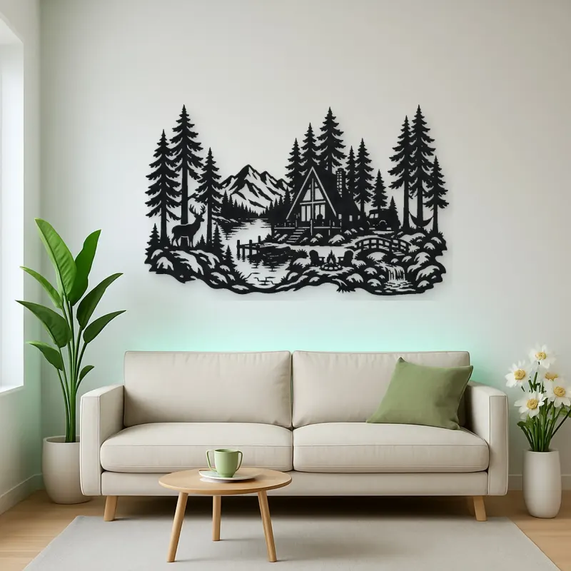 A-Frame Cabin Woods Metal Wall Art | Nature Silhouette Decor