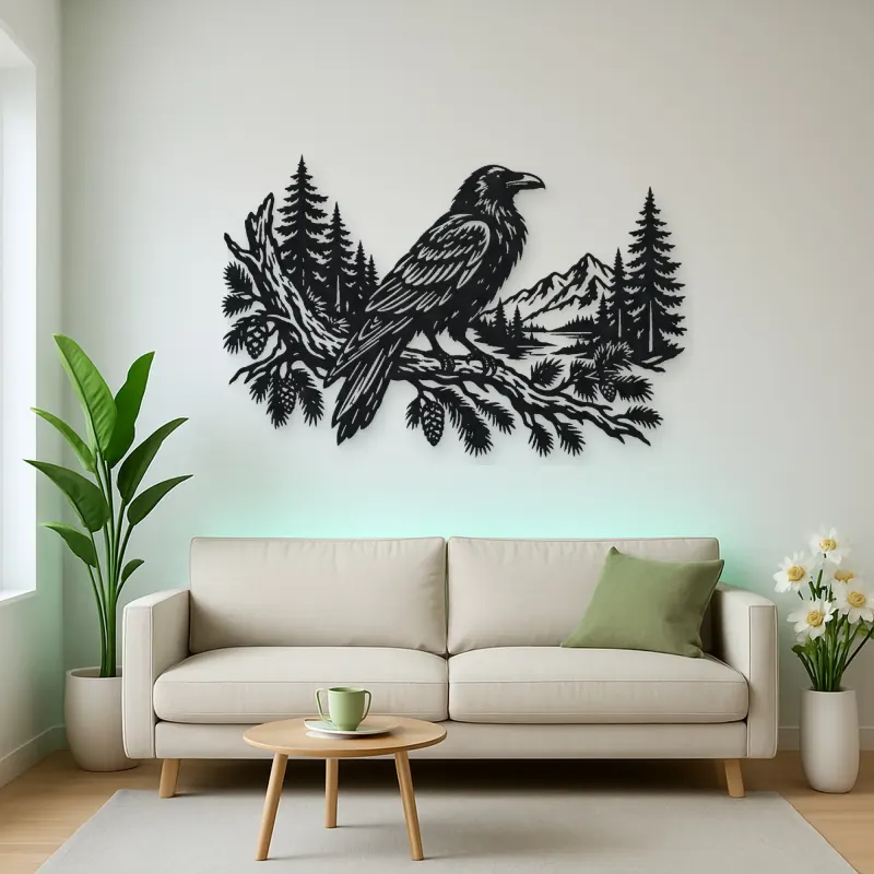 Raven Forest Branch Metal Wall Art | Wildlife Silhouette Decor