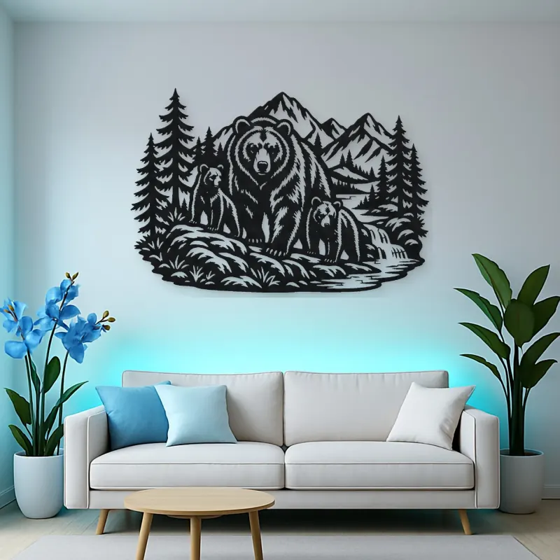 Bear Mountain Scene Metal Wall Art | Wildlife Silhouette Decor