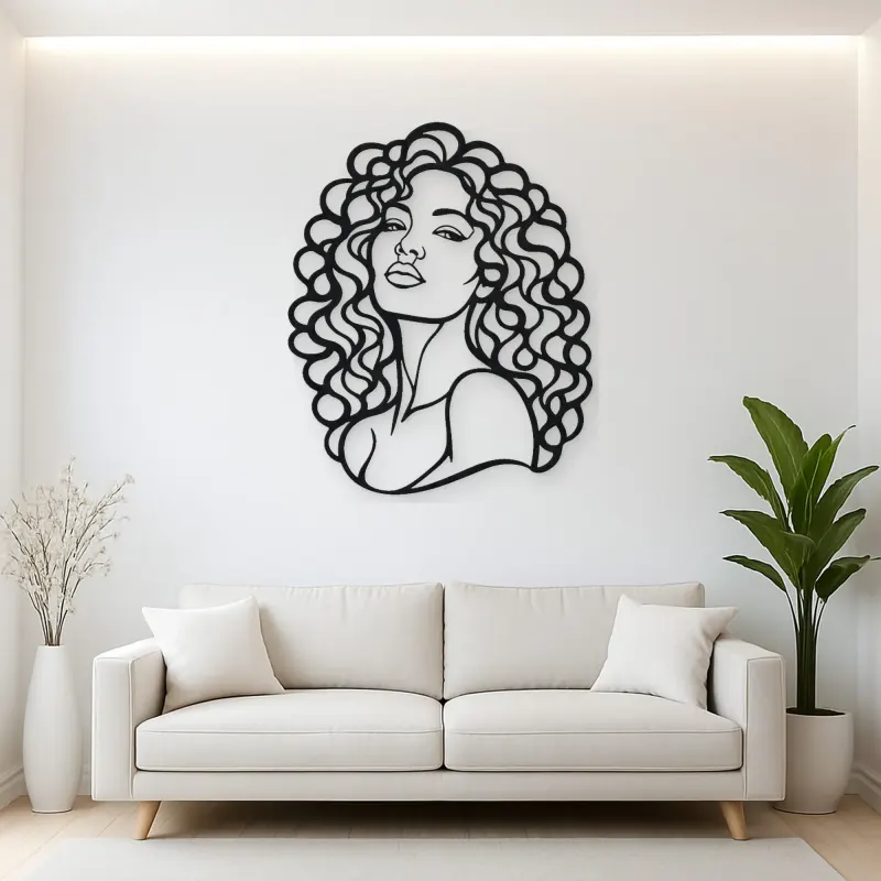 Curly Hair Portrait Metal Wall Art | Minimalist Woman Line Art