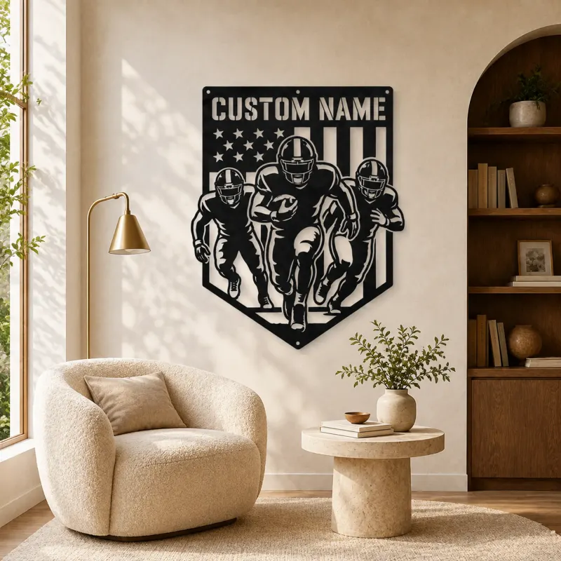 Personalized Three Football Players American Flag Metal Wall Art - lifestyle view 5