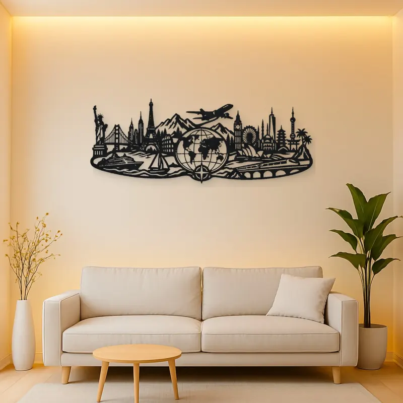 World Map Travel Line Metal Wall Art | Travel and City Wall Decor