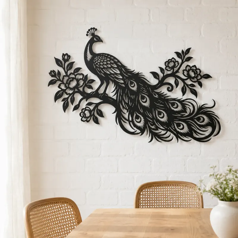 Peacock Feather Flow Metal Wall Art | Wildlife Silhouette Decor - lifestyle view 4