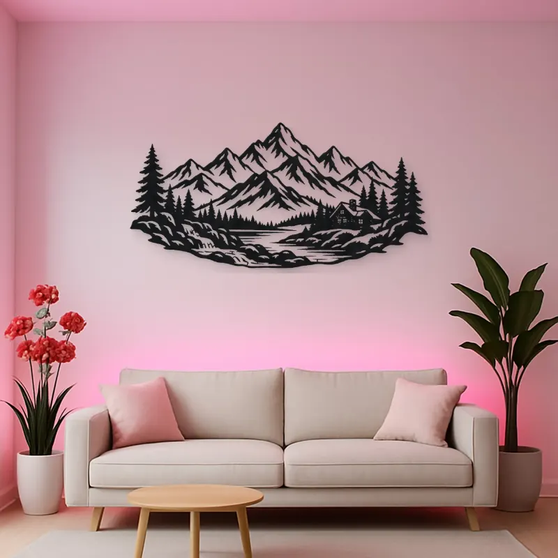 Cabin below the Peaks Metal Wall Art | Nature Silhouette Decor