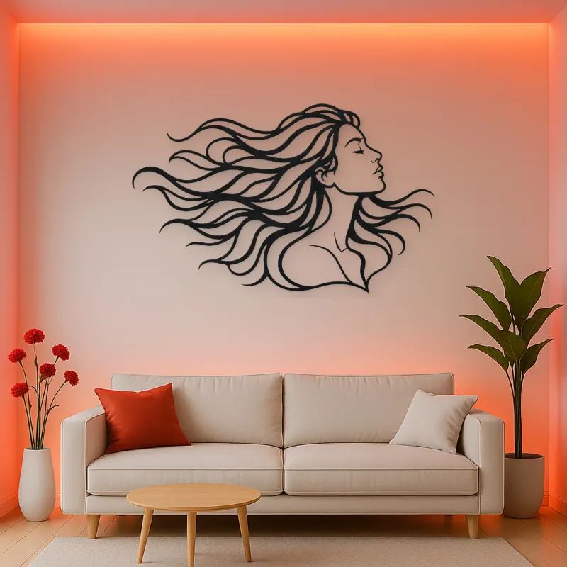 Windblown Hair Face Metal Wall Art | Minimalist Woman Line Art